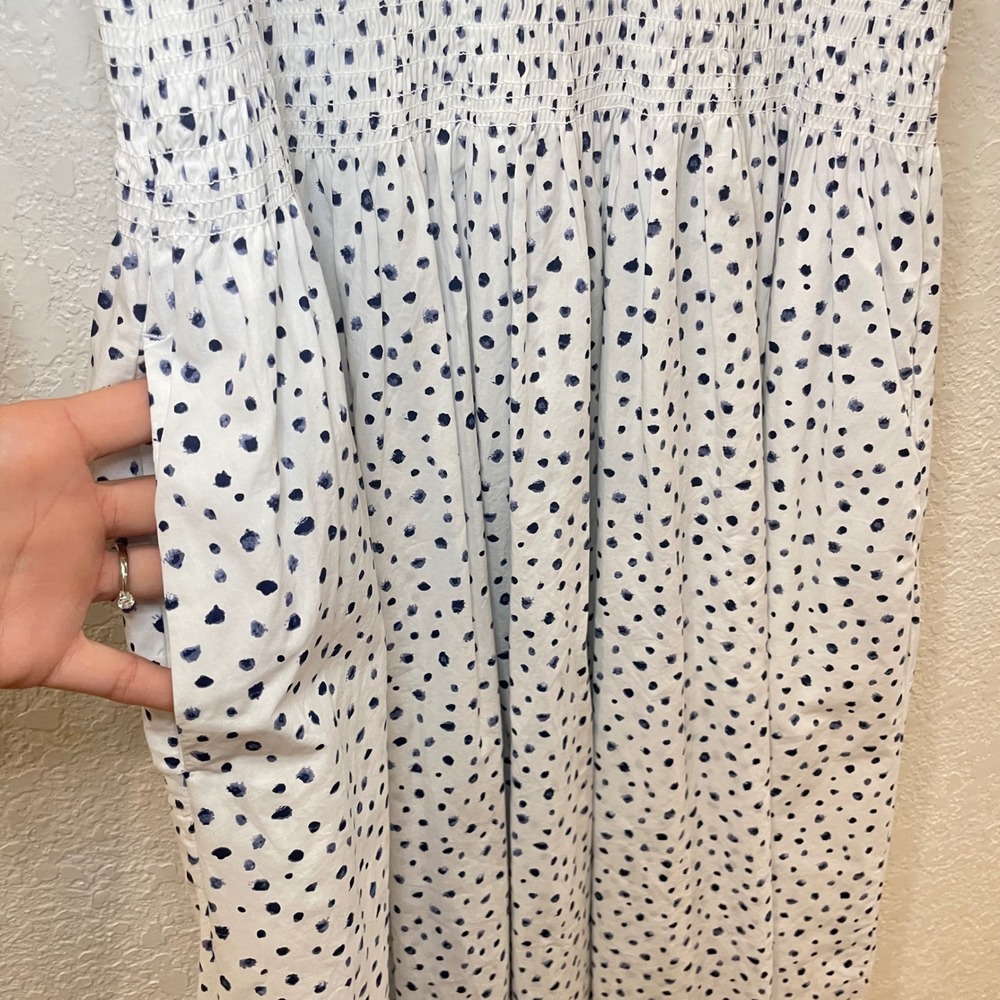 NEW J.Crew Polka Dot Smocked Waist Puff Sleeve Cotton Midi Dress White Navy M - Picture 5 of 9